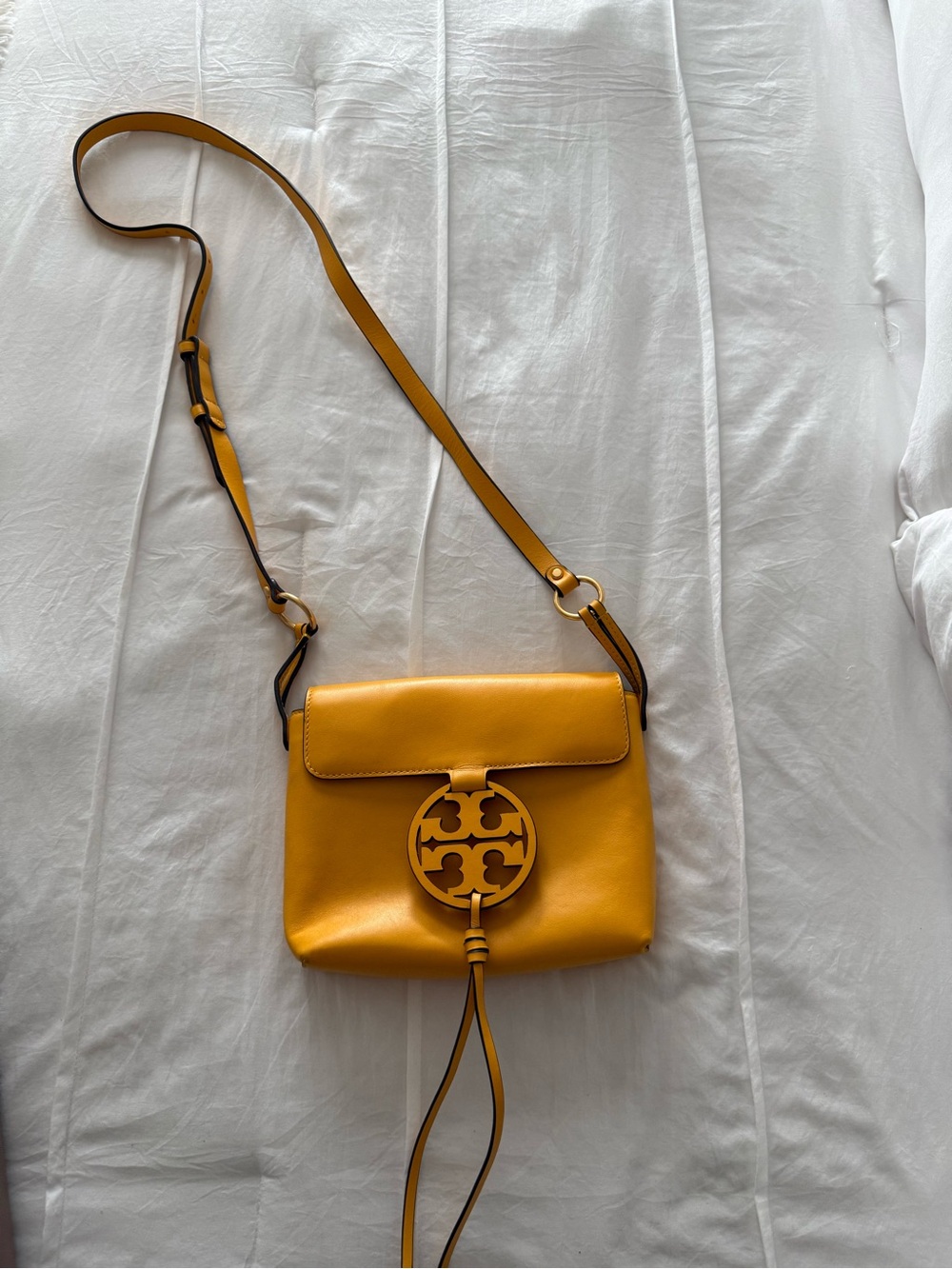 Tory Burch Mustard Yellow Leather Crossbody with Logo Medallion